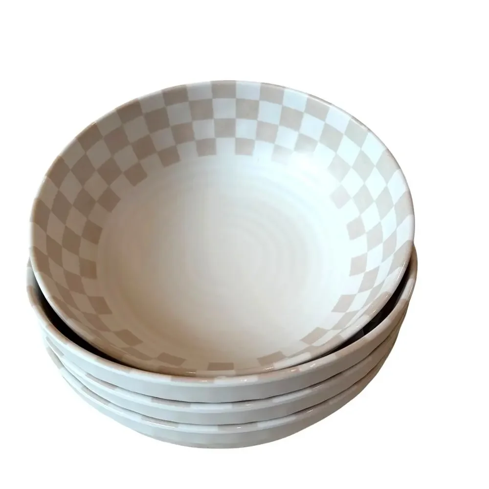 Taupe Checkered Melamine Salad Bowls 8in Set of 4 Indoor Outdoor NEW